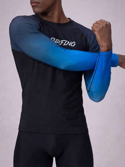 Manfinity KASUA قميص رجالي طويل الأكمام بطبعة حرفية ومتدرجة اللون، قميص حماية من الأشعة للسباحة والأنشطة البحرية، ملابس سباحة رجالية، ملابس للاستخدام في المسبح والشاطئ، بدلة سباحة رجالية للعطلات