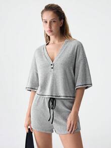 SHEIN Drop Shoulder Top-Stitching Knot Waist Lounge Set Outfit - Grey - View 1