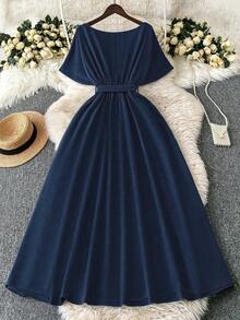 DreamSkyne Exquisite & Elegant  Plus Size Solid Color V-Neck Wrap Around Self-Tie Belt Elegant Dress - Blue - View 5