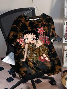 Betty Boop x SHEIN 大码扎染卡通人物印花圆领短袖T恤 - 白色 - 查看 3