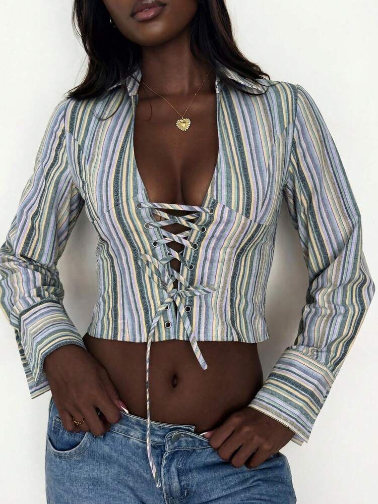 Striped Long Sleeve Drawstring Waist Cropped V-Neck Casual Vacation Summer Blouse For Women