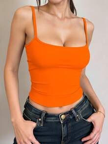 INAWLY Solva 女士休闲无袖露脐上衣，简约纯色，适合夏季日常通勤 - 橘色 - 查看 4