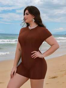 Swim Lushoire Maillot de bain une pièce grande taille longueur complète avec fermeture éclair - Tabac - Voir 4