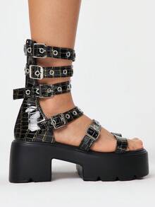 ROMWE Grunge Punk Giày sandal nữ phong cách Goth Rock Punk, hở mũi, quai da, đế cao, gót dày, thích hợp cho mùa hè, đi biển hoặc Halloween. - Vàng đen - Xem 4