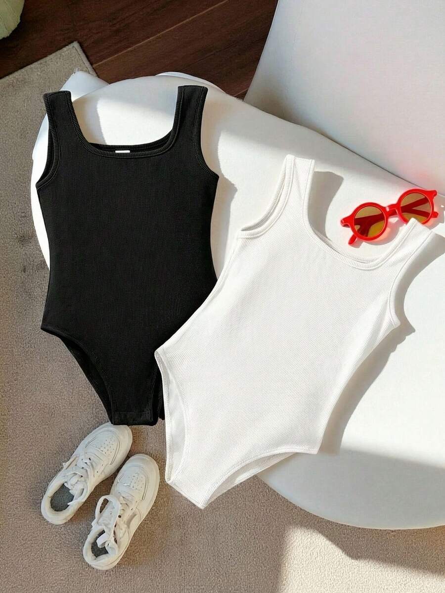 SHEIN Bộ 2 món đồ liền thân dệt kim không tay cổ chữ U dáng ôm cơ thể dành cho bé gái tuổi teen, màu đen và trắng. - Đen và trắng - Xem 1