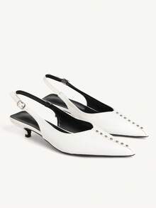 CUCCOO CHICEST White Rivet Kitten Heel Pointed Shallow Mouth Back Empty Banquet Dress Single Shoes - White - View 1