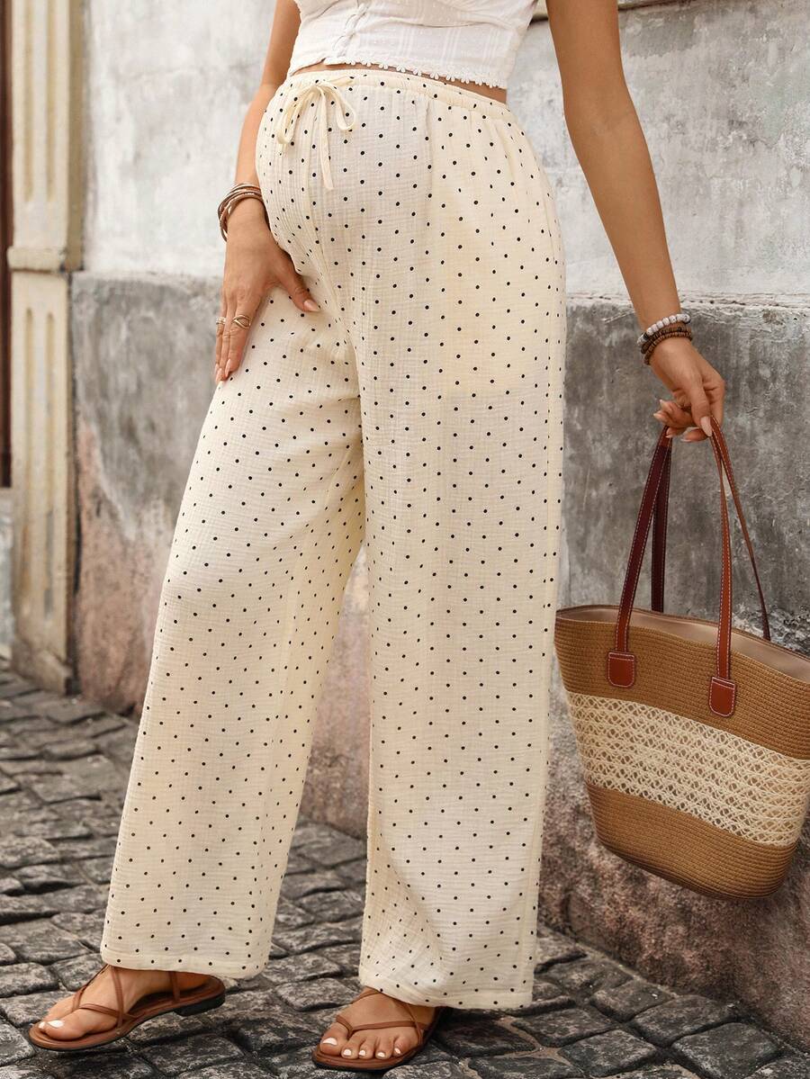 SHEIN 孕妇波点口袋休闲宽松抽绳裤 - 杏色 - 查看 1