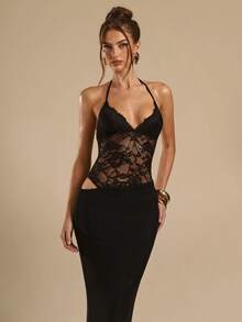 SHEIN BAE Đầm ren đen hai dây, hở lưng, dáng đuôi cá, chất liệu xuyên thấu, thích hợp cho nữ, thích hợp mặc đi nghỉ mát, dự tiệc, thanh lịch, phù hợp cho mùa xuân/hè. - màu đen - Xem 4