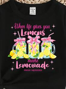 春夏女童休闲时尚创意个性清新简约柠檬茶图案T恤，舒适日常穿着 - 黑色 - 查看 7