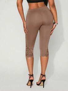 SHEIN SXY Quần legging ren tối giản màu trơn dành cho nữ, thích hợp mặc hàng ngày. - màu nâu - Xem 2