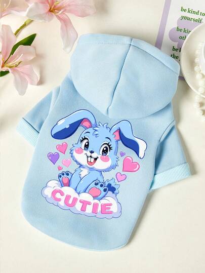 PETSIN 1pc Blue Love Rabbit Printed Pet Hoodie Blue Skin Friendly Thick Warm Pet Clothing