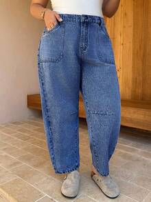 Dripcurv Quần jeans ống rộng dáng suông có túi dành cho nữ cỡ lớn - Rửa tối - Xem 3