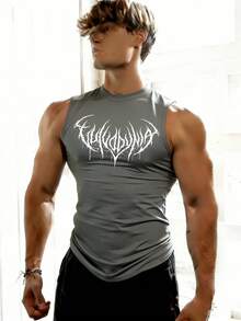 GymBeat Men's Crew Neck Sleeveless Fitted Fashion Print Summer Sports T-Shirt & Tank Top - Dark Grey - View 3