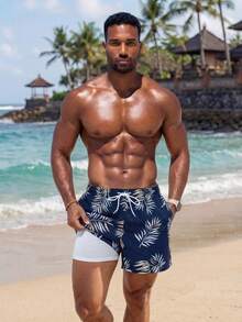 VIVINTIMO Men's Floral Print Drawstring Waist Beach Shorts Men Swim Trunks,Hawaiian - Navy Blue - View 5
