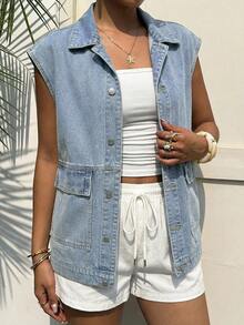 Women's Single-Breasted Extra Long Casual Everyday Denim Vest Jacket - Light Wash - View 1