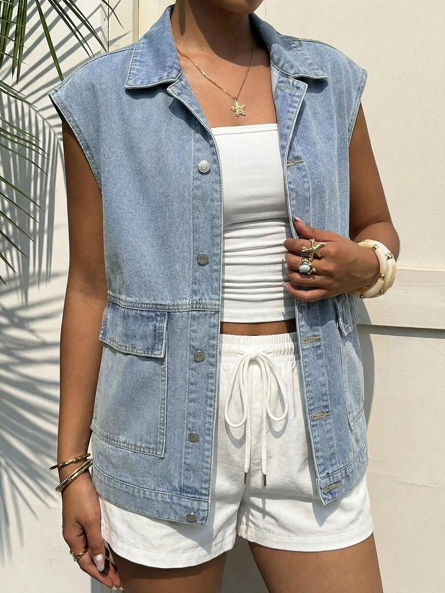 Women's Single-Breasted Extra Long Casual Everyday Denim Vest Jacket - Light Wash - View 1