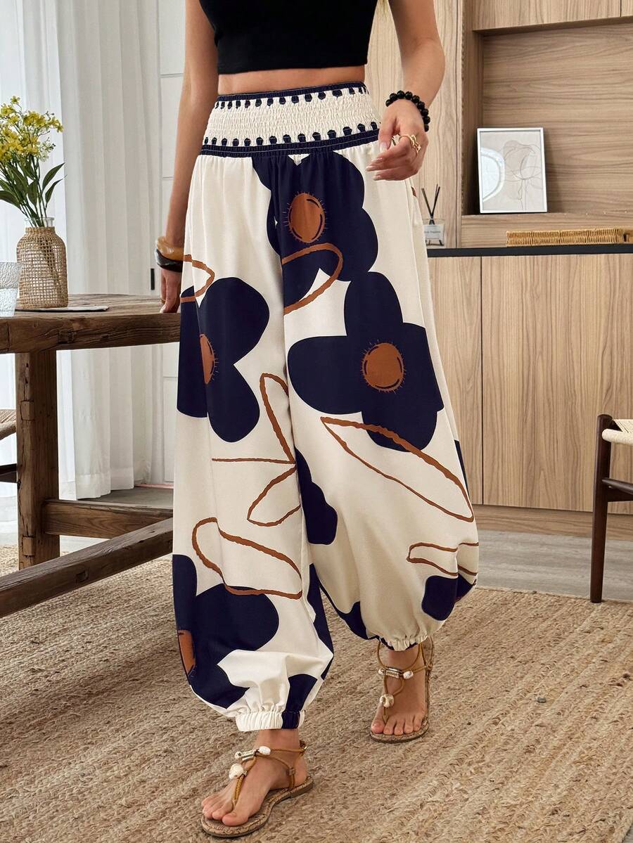 Louniche 女士弹力腰灯笼裤，适合春夏度假，印花休闲度假裤，时尚夏季服饰 - 彩色 - 查看 1