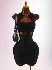 Amplova Y2K schwarzes Sommer Techno Club Rave enges ärmelloses Bandage Bodycon Minikleid, rückenfrei einfarbig Festival Outfit für Frauen elegante Party - Schwarz - Übersicht 5