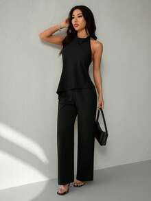 SHEIN PETITE Women's Solid Color Halter Backless Asymmetrical Top & Long Pants 2 Pieces Set,Work Outfits For Women - Black - View 6