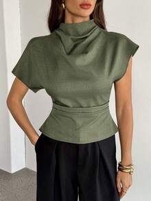 SHEIN Tall 领口不对称袖侧边褶皱收腰通勤竹麻面料女式衬衫，四季皆宜，巧克力棕色上衣 - 軍綠色 - 查看 10