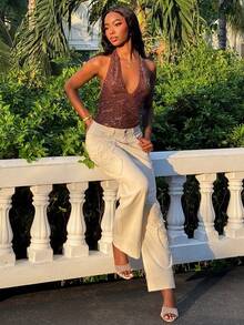 Mima John 度假风花卉亮片深V领露背性感吊带上衣，新年造型，优雅派对，毕业典礼，舞会，奢华晚宴，万圣节服装，音乐会，派对，夜店，时尚秋季，外出，优雅性感派对约会之夜女士装扮 - 棕色 - 查看 1