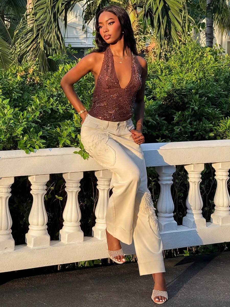 Mima John 度假风花卉亮片深V领露背性感吊带上衣，新年造型，优雅派对，毕业典礼，舞会，奢华晚宴，万圣节服装，音乐会，派对，夜店，时尚秋季，外出，优雅性感派对约会之夜女士装扮 - 棕色 - 查看 1