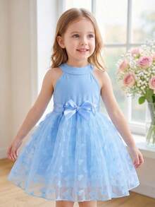 SHEIN Vestido azul de cuello halter con malla y mariposas 3D, con cinturón azul, apropiado para fotografía, vacaciones, salidas diarias y diversas ocasiones - Azul - Ver 2