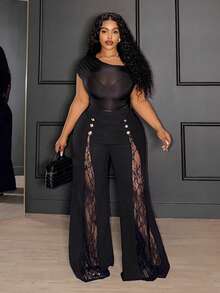 SHEIN PETITE CURVE Plus Size Women's Black Lace Patchwork Pants,Elegant Summer High Waist Wide Leg Flare Palazzo Slacks,Hollow Mesh Rave Nightclub Wear,Formal Long Pants - Black - View 5