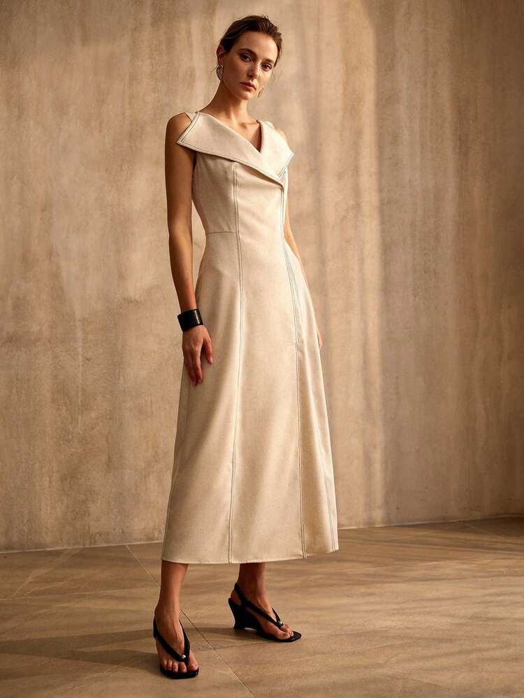 VISIBLE SEAM DECOR DESIGN FITTED SLIM FLATTERING COLLARED SLEEVELESS MIDI DRESS, COMFORTABLE FOR DAILY COMMUTE