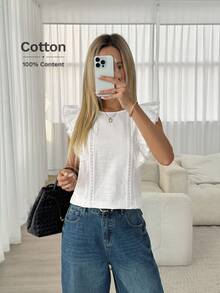 Easowa Áo sơ mi cài cúc viền ren phối bèo nhún 100% cotton, kiểu dáng rộng rãi, thanh lịch, thích hợp đi làm hoặc đi nghỉ mát cho nữ, áo kiểu nữ mùa xuân/hè, áo ngắn tay nữ, áo nữ mùa hè, áo cotton nữ, áo phong cách Cottagecore, áo cao cấp cho nữ, áo kiểu nữ hiện đại, áo mới nhất cho nữ, áo mùa hè thường ngày, trang phục mùa hè thường ngày cho nữ, áo mùa hè thường ngày cho nữ. - trắng - Xem 3
