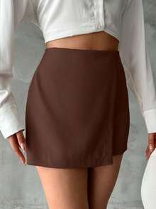 EURMUSE Women's Solid Color Wrap Around Casual Skirt - Coklat - View 6