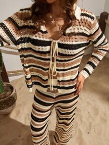 KNITTED SUMMER BEACH AND DAILY STRIPED BOHO SET - Multicolor - View 1