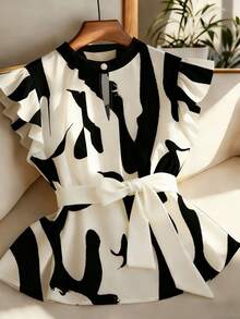 GlowEve 女士高领印花黑白配色腰带蝴蝶结腰带独特优雅短袖衬衫 - 彩色 - 查看 1