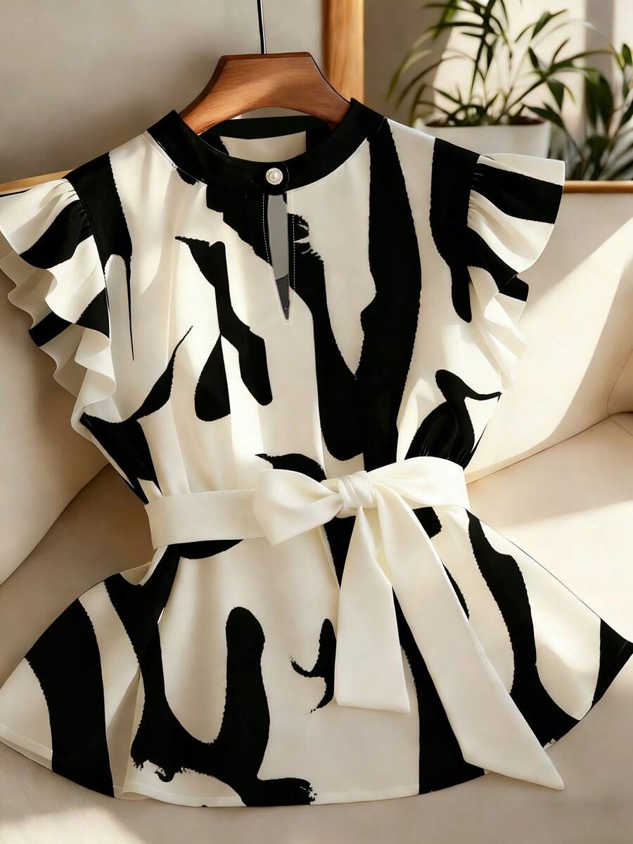 GlowEve 女士高领印花黑白配色腰带蝴蝶结腰带独特优雅短袖衬衫 - 彩色 - 查看 1