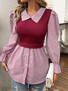 EMERY ROSE Women's Casual Striped Patchwork 2 In 1 Top Fall Cloth For Women - Burgundy - View 5