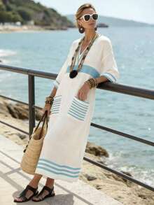 SHEIN Holidaya V-Ausschnitt 3/4 Ärmel Platzierung Muster locker fallende Maxi Kleid für Frauen, geeignet für Frühling, Sommer, Herbst, Winter, Neujahr, Halloween, lässige Passform für den täglichen Gebrauch, elegant, geeignet für Party, Strand, romantisches Date, modisch lässiger Pendler-Outfit - Blau - Übersicht 5