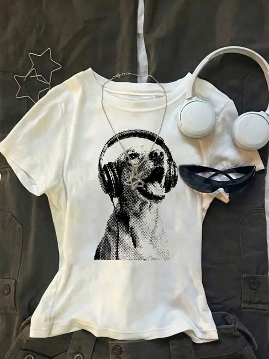 Blusa de punto corta de manga corta y cuello redondo con estampado de perro para adolescentes, ajustada y casual - Rosa Fucsia - Ver 1