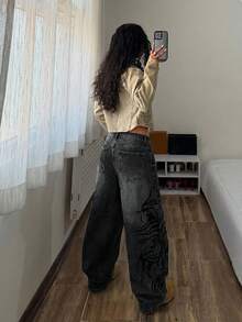 StreetHx Fashionable Casual Street Style Retro Print Loose Fit Denim Wide Leg Pants - Light Grey - View 2