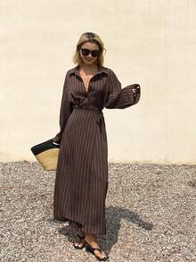 Spring & Summer Loose Business Casual Vacation Style Fashion Office Wear Street Textured Striped 2 In 1 Waist Tie Wrap Design Long Shirt Dress For Women - Brown - View 2