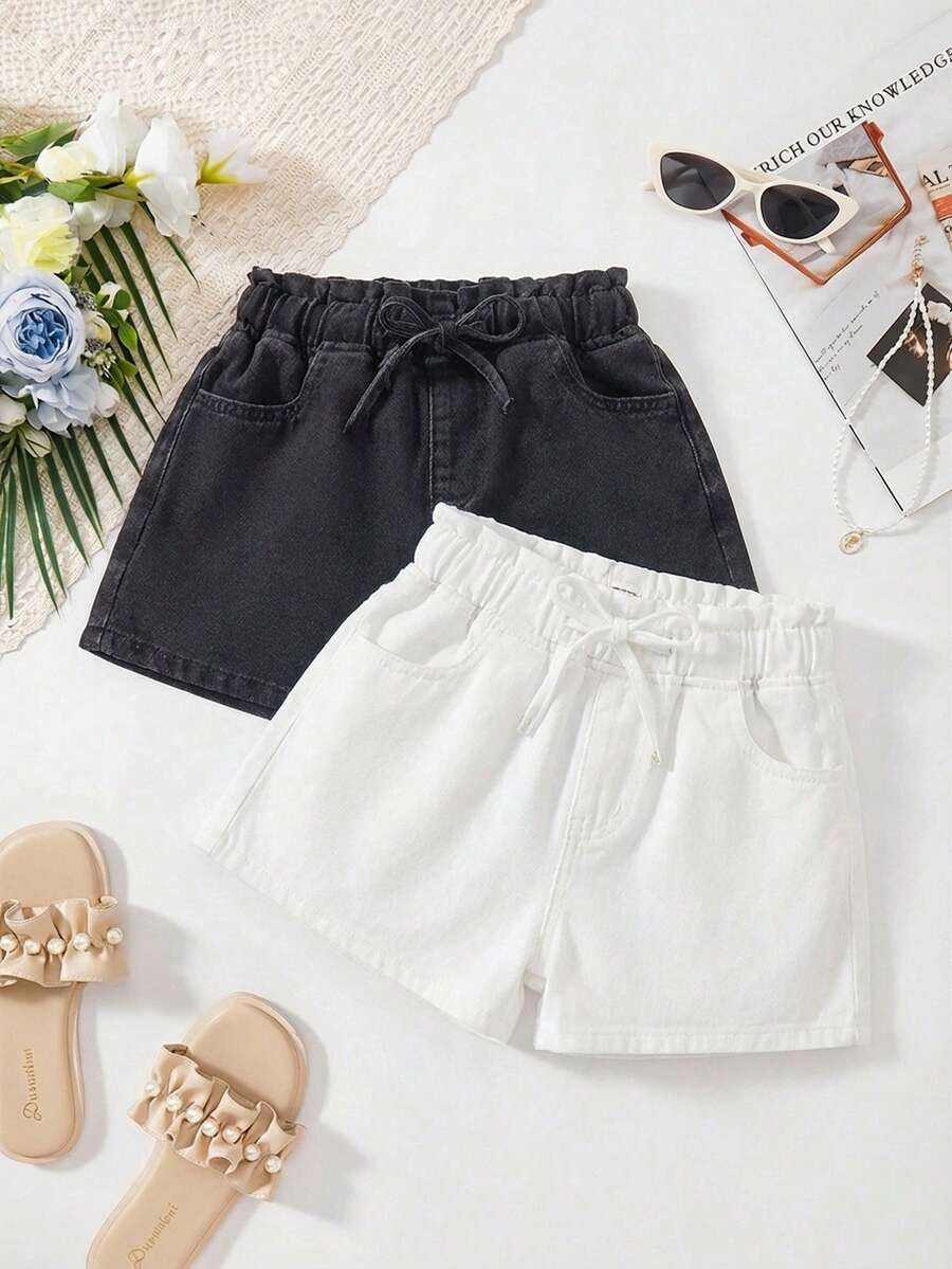 SHEIN 2件裝青少年女孩時尚休閒Y2K復古酷街頭夏季黑白條紋修身牛仔短褲日常穿搭電音節街頭風服飾 - 彩色 - 查看 1
