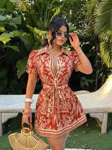 SHEIN SXY Đầm ngắn nữ họa tiết hoa, kiểu dáng thắt eo, thích hợp cho kỳ nghỉ, hẹn hò và đi chơi. - trái cam - Xem 6