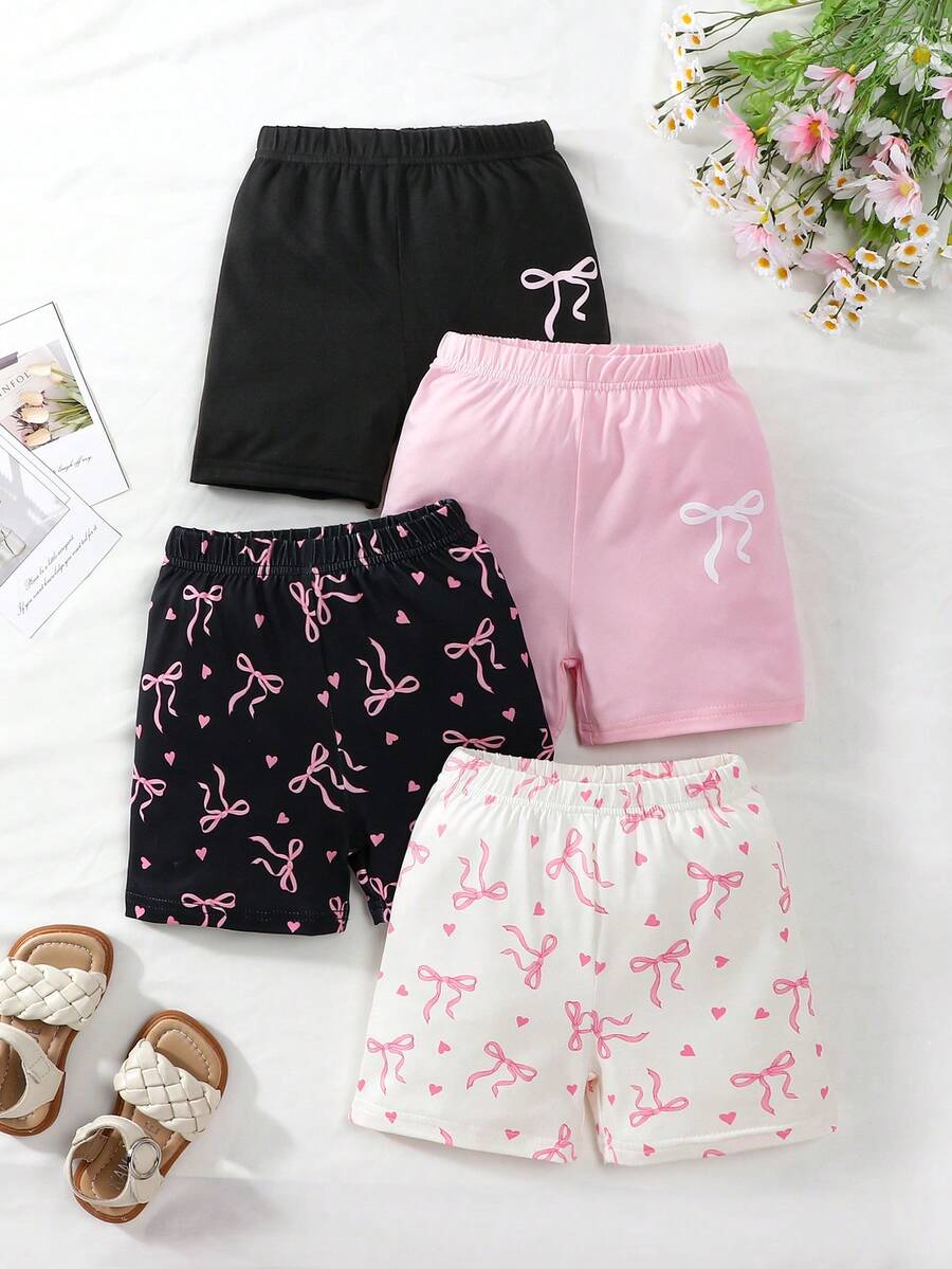 4件套女童蝴蝶结爱心印花短裤,适合夏季户外日常穿着 - 彩色 - 查看 1
