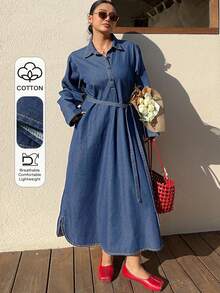 Dazy Plus Đầm denim dáng rộng thoải mái kiểu retro, cổ bẻ, dáng chữ A dài, ôm dáng, thích hợp cho mùa xuân và mùa thu. - Rửa trung bình - Xem 1