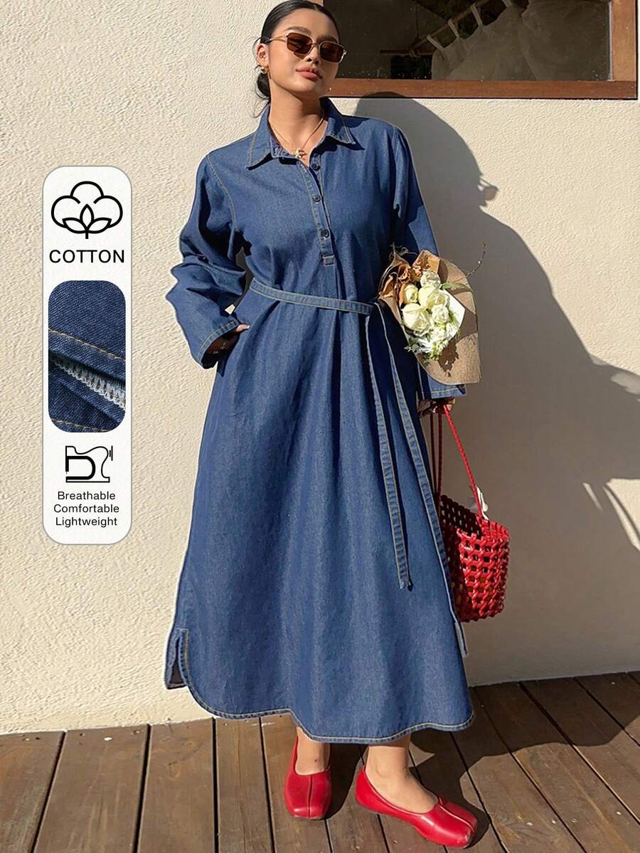 Dazy Plus Đầm denim dáng rộng thoải mái kiểu retro, cổ bẻ, dáng chữ A dài, ôm dáng, thích hợp cho mùa xuân và mùa thu. - Rửa trung bình - Xem 1