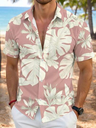 VIVINTIMO Tropical Island Dopamine Color Banana Leaf Print Casual Slim Fit Short Sleeve Shirt For Men