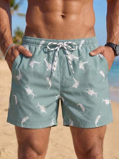 VIVINTIMO 男士鱼纹抽绳腰沙滩短裤