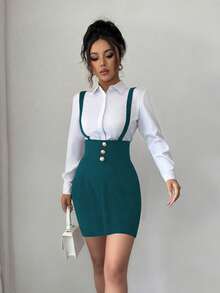 SHEIN Elenzya 吊带腰修身半身裙，饰有纽扣，优雅浪漫，尽显女性魅力，适合工作、通勤和休闲外出穿着。 - 水鴨藍 - 查看 7