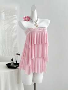 Sweetra Đầm hai dây viền bèo gợi cảm phong cách Y2K, đầm midi ngọt ngào và thanh lịch, đa năng. - Hồng - Xem 3