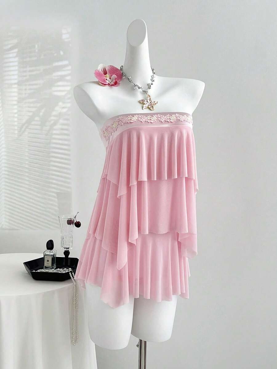 Sweetra Đầm hai dây viền bèo gợi cảm phong cách Y2K, đầm midi ngọt ngào và thanh lịch, đa năng. - Hồng - Xem 1