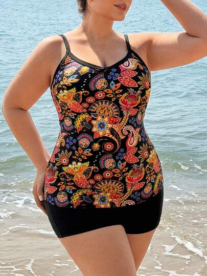 Swim Lushoire Plus Size Women 2pcs Printed Spaghetti Strap Tankini Bikini Set Set
